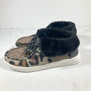 NWT Hey Dude Britt Patchwork Shoes With Faux Fur Trim, Java, Womens Size 6